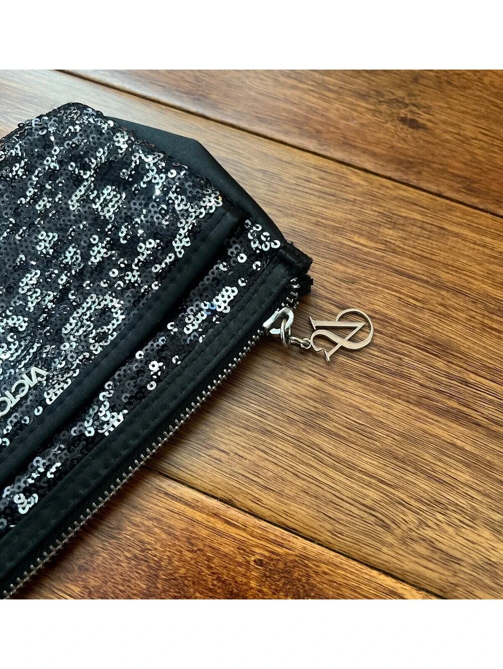 Victoria's Secret Black Silver Sequin Zipper Pouch Clutch Bag VS Logo Charm